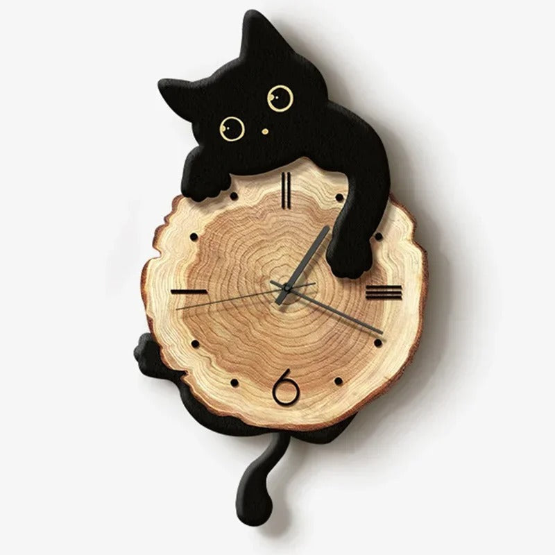 Neko Wood Cat Pendulum Wall Clock