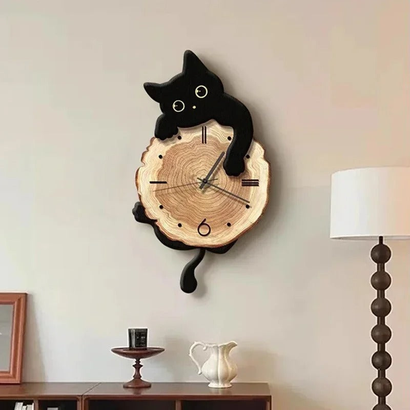 Neko Wood Cat Pendulum Wall Clock