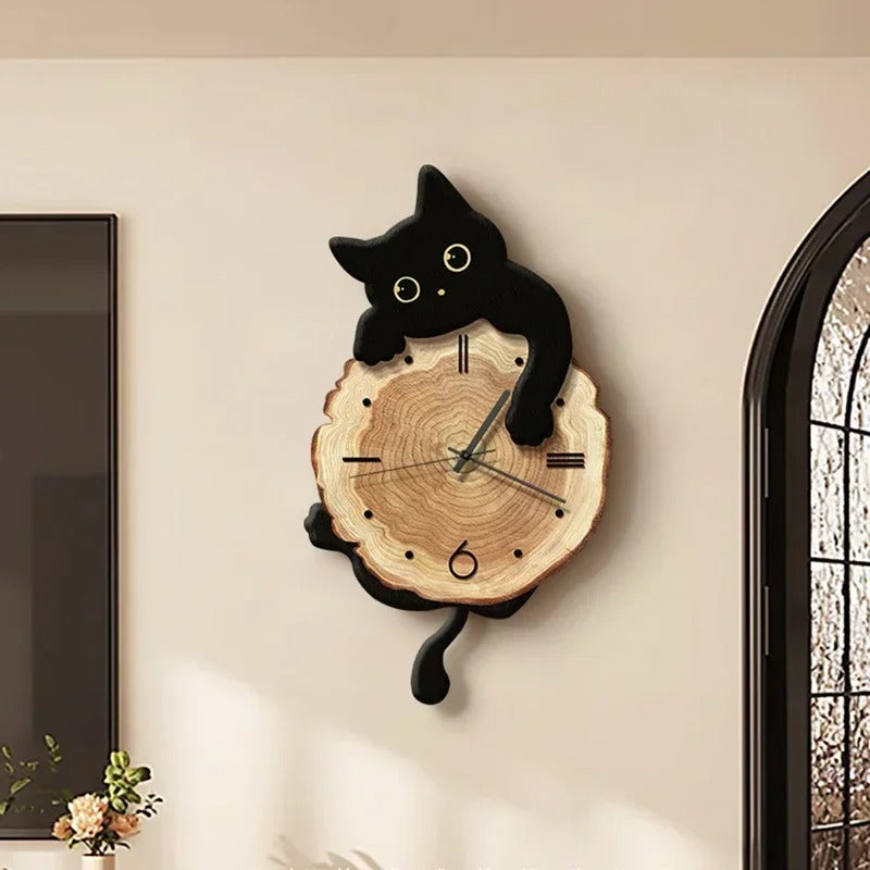 Neko Wood Cat Pendulum Wall Clock