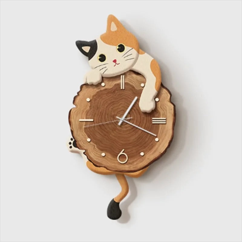 Neko Wood Cat Pendulum Wall Clock