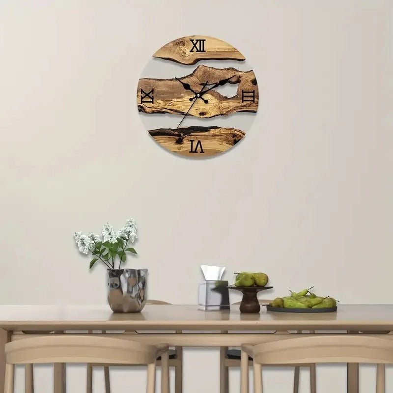 Epova Round Wood and Epoxy Resin Wall Clock Modern