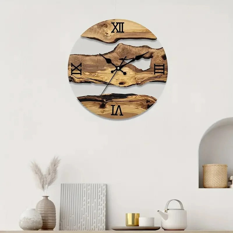 Epova Round Wood and Epoxy Resin Wall Clock Modern